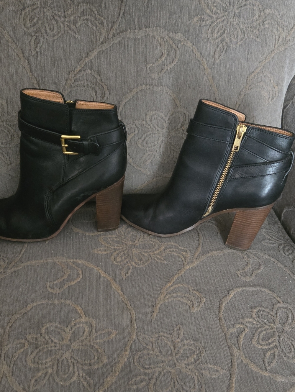 Coach Women’s Black Leather Ankle Boots with Gold Zipper